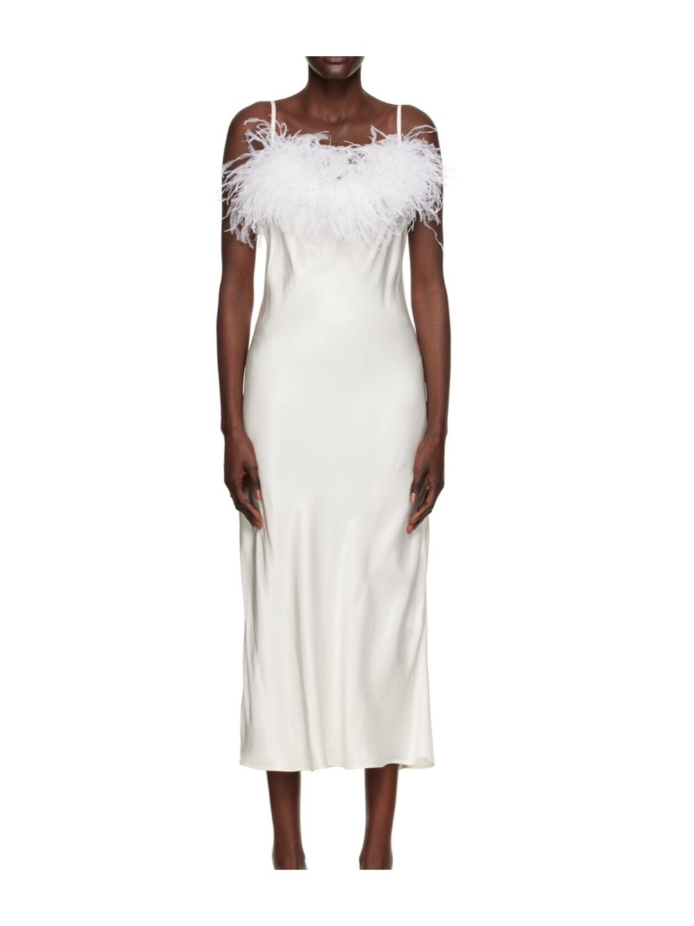 Sleeper White Feather-Trim Midi Dress
